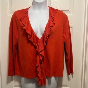 Ruffled V-Neck Women's Cardigan Sweater - Bright Orange